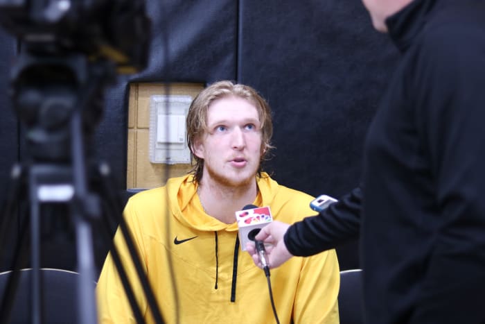 Oct. 16, 2023: Missouri center Connor Vanover answers questions from reporters at Missouri men’s basketball Media Day at Mizzou Arena.